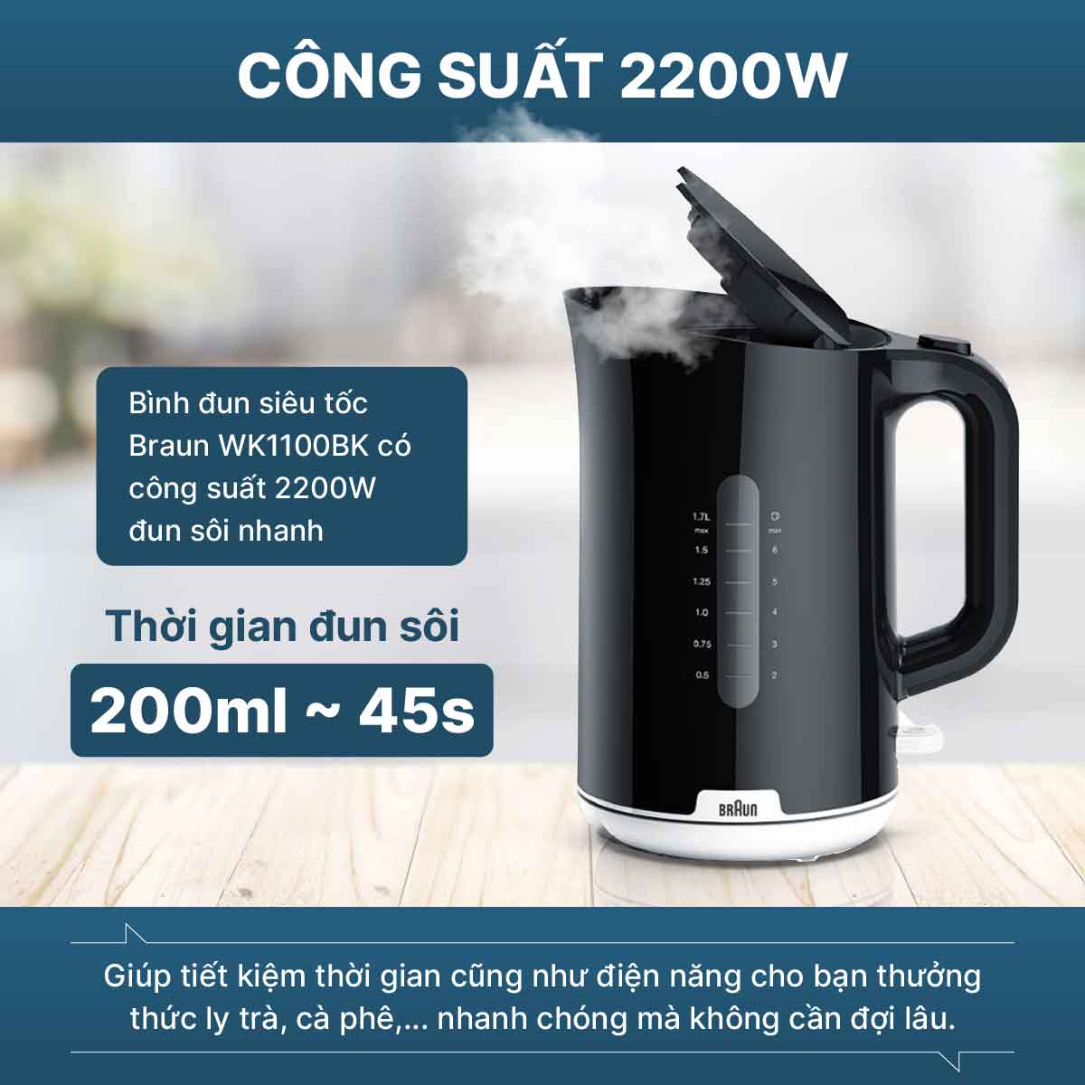 Đun nước nhanh chóng, tiết kiệm thời gian với công suất 2200W
