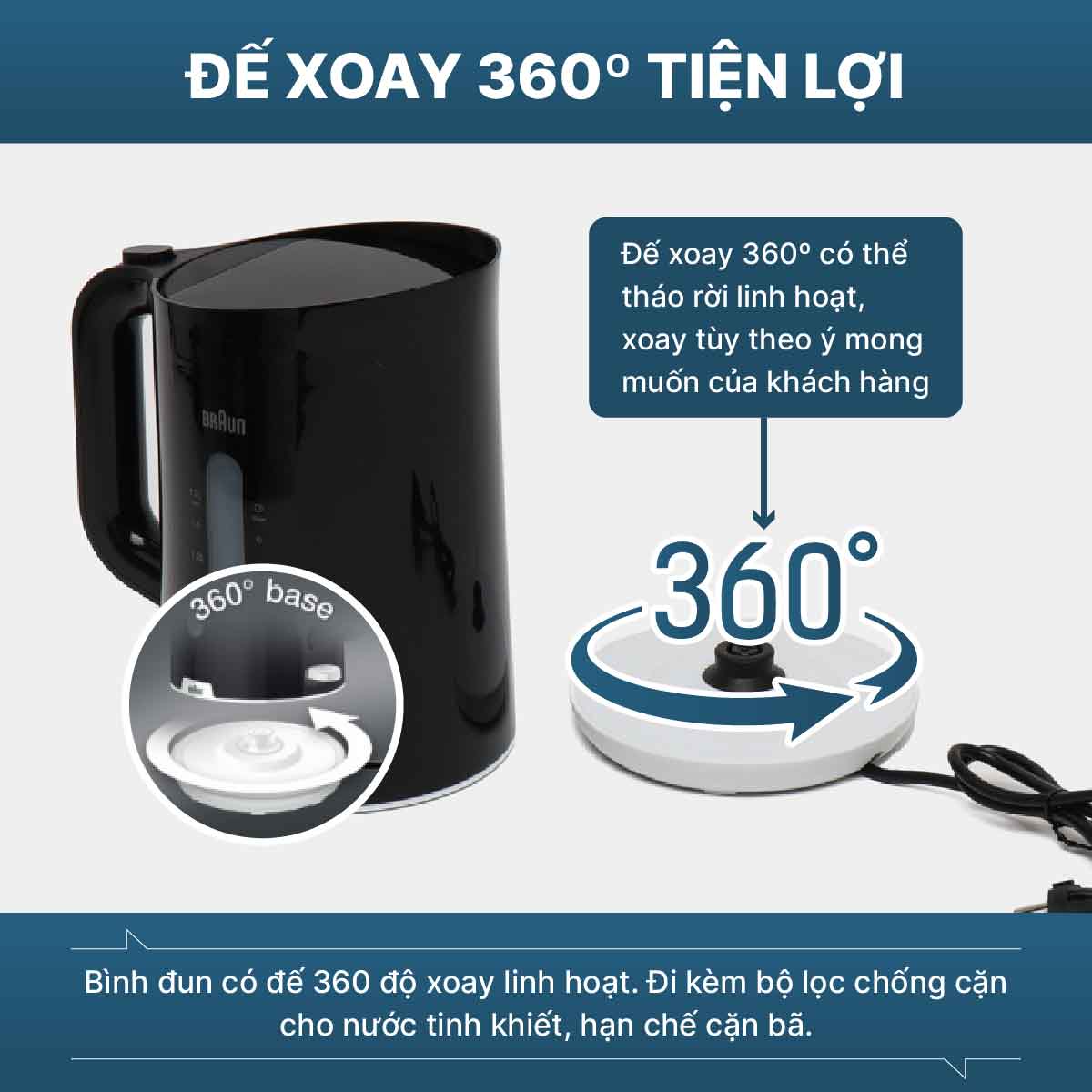 Bình đun siêu tốc Braun WK1100BK thiết kế đế xoay 360 độ tiện lợi