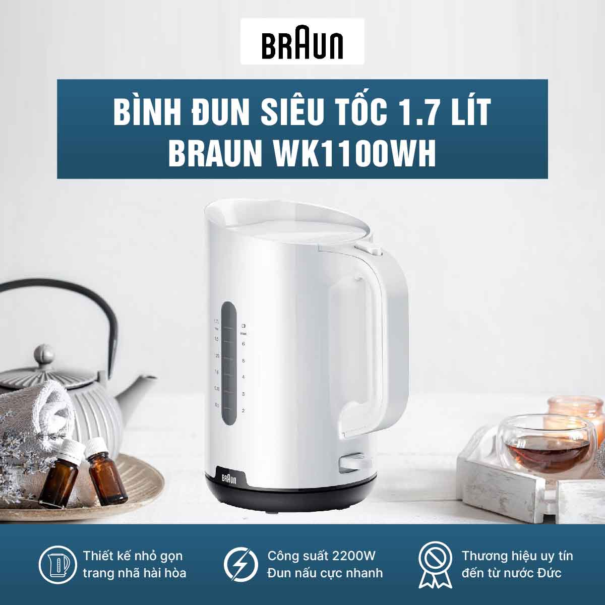 Bình đun siêu tốc Braun WK1100WH có dung tích lớn 1.7 lít