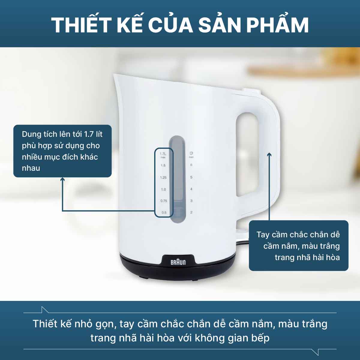 Bình đun siêu tốc Braun WK1100WH thiết kế hiện đại, tiện lợi