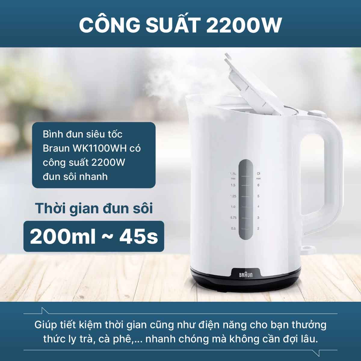 Đun nước nhanh chóng, tiết kiệm thời gian với công suất 2200W