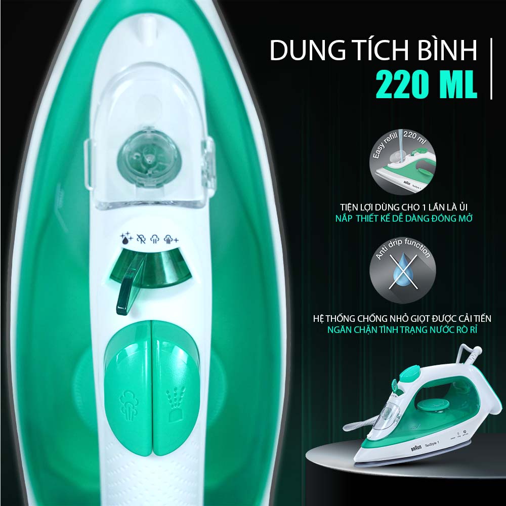 Bàn ủi hơi nước Braun SI1040 có dung tích bình chứa nước lớn