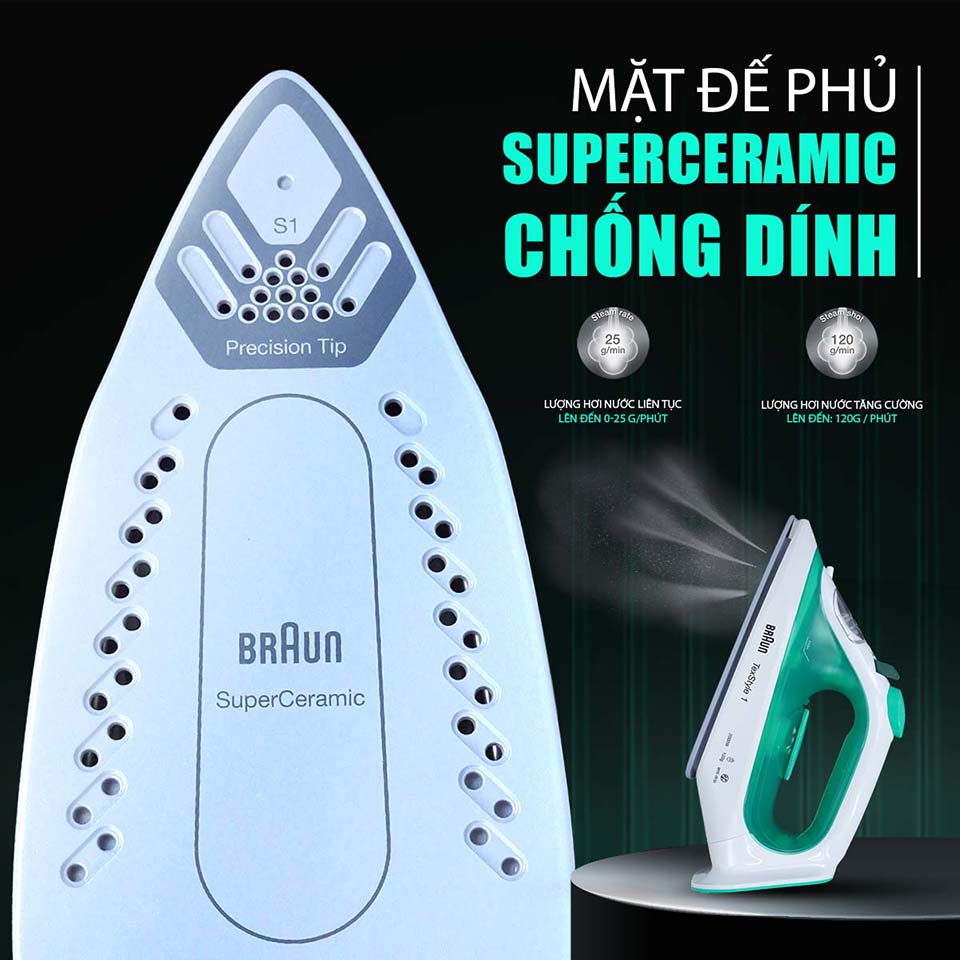 Bàn ủi hơi nước Braun SI1040 mặt đế phủ SuperCeramic chống dính