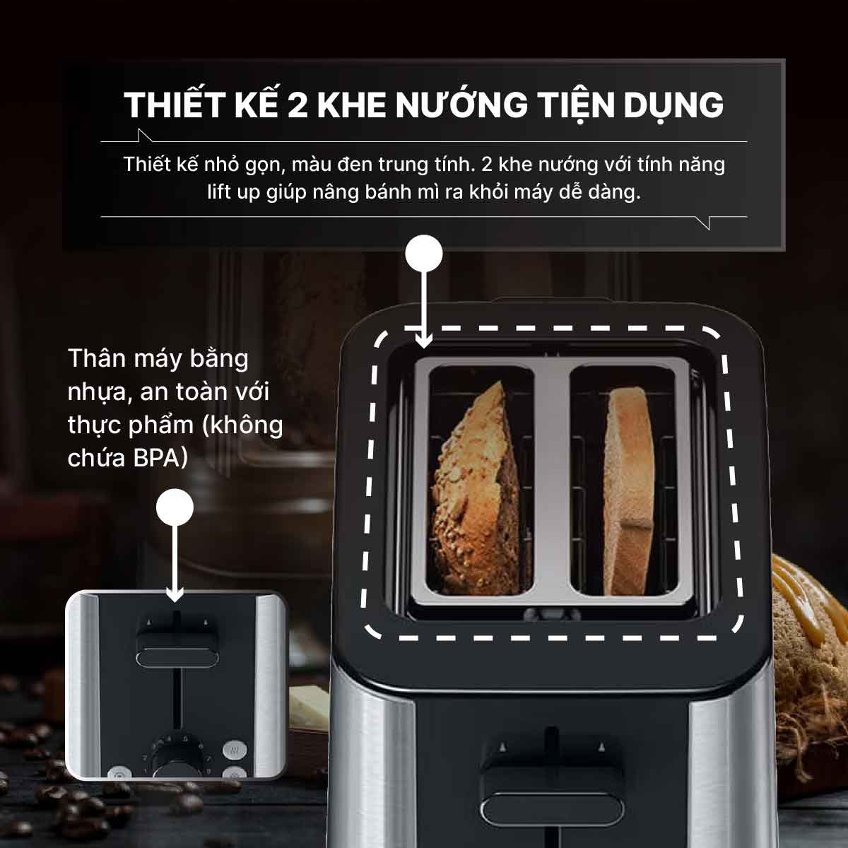 Máy nướng bánh mì Braun HT1510BK trang bị 2 khe nướng rộng rãi